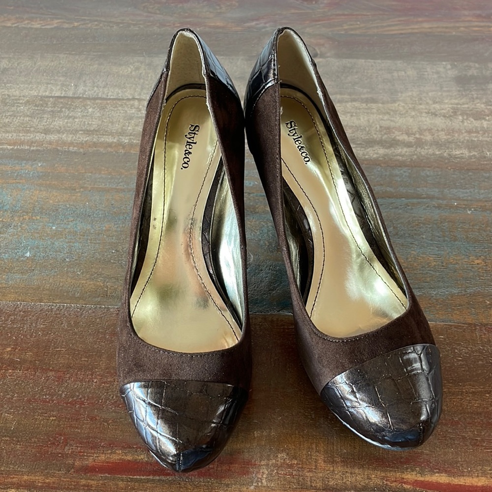 Style & Co., Delores, Brown Multi, Suede and Croco,All Man Made Materials, 6.5 M